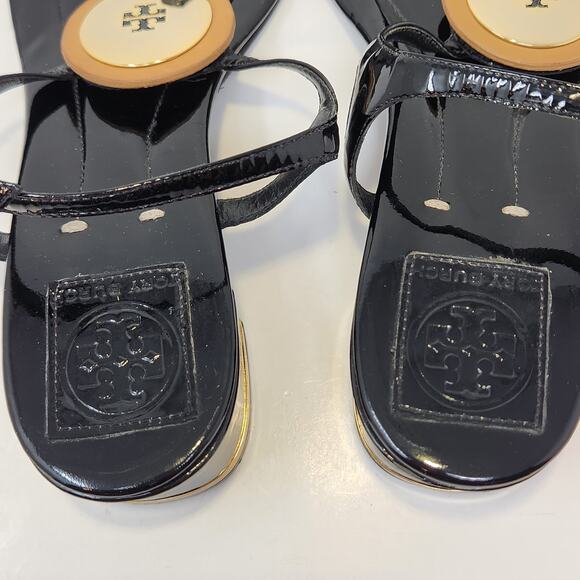 Tory Burch Black Patent Leather T Strap Thong Heel Sandal Women Size 10.5 M Shoe - Picture 8 of 10